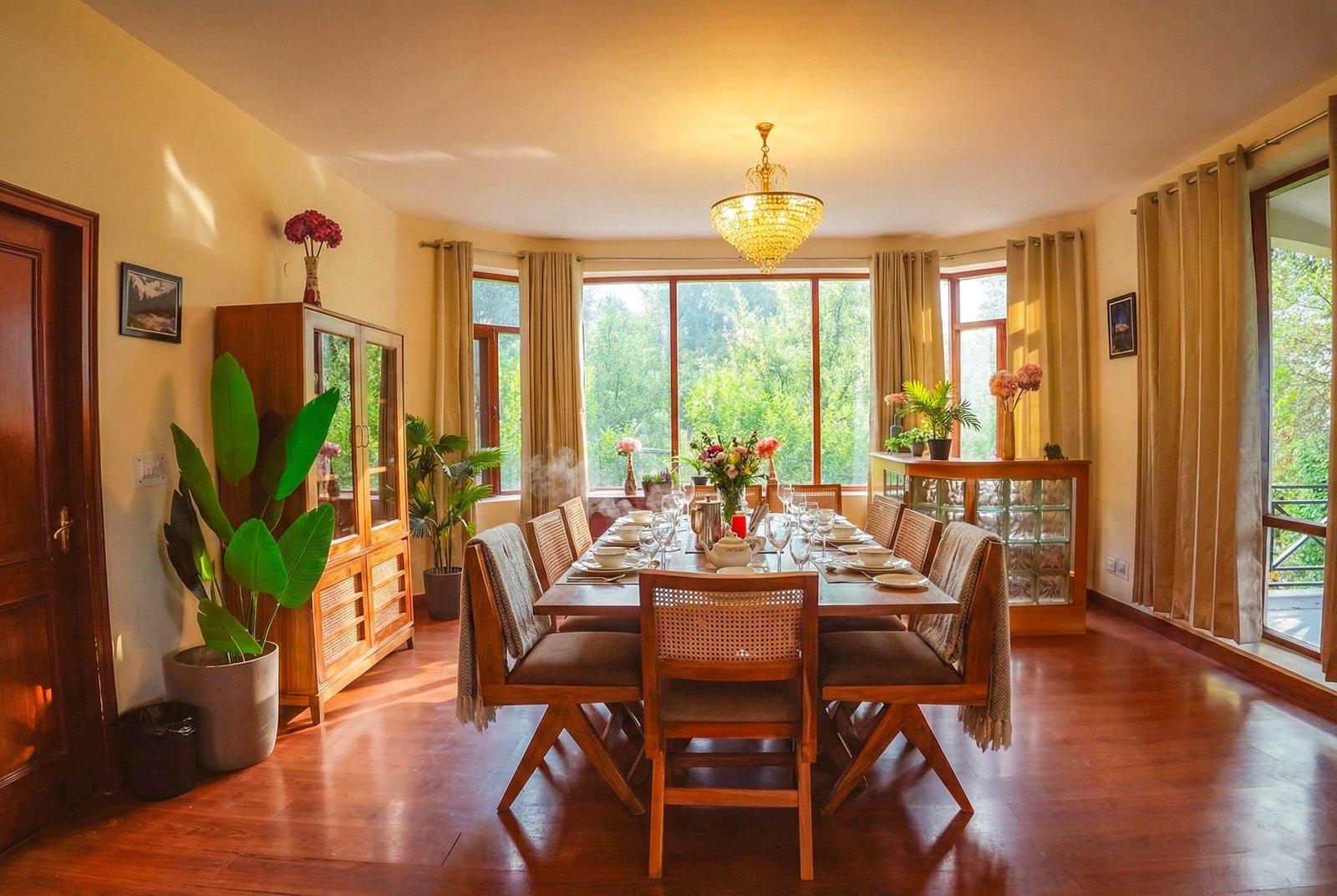 Elegant dining table set with home-cooked traditional Himachali cuisine at Forestbound Cottage villa in Manali