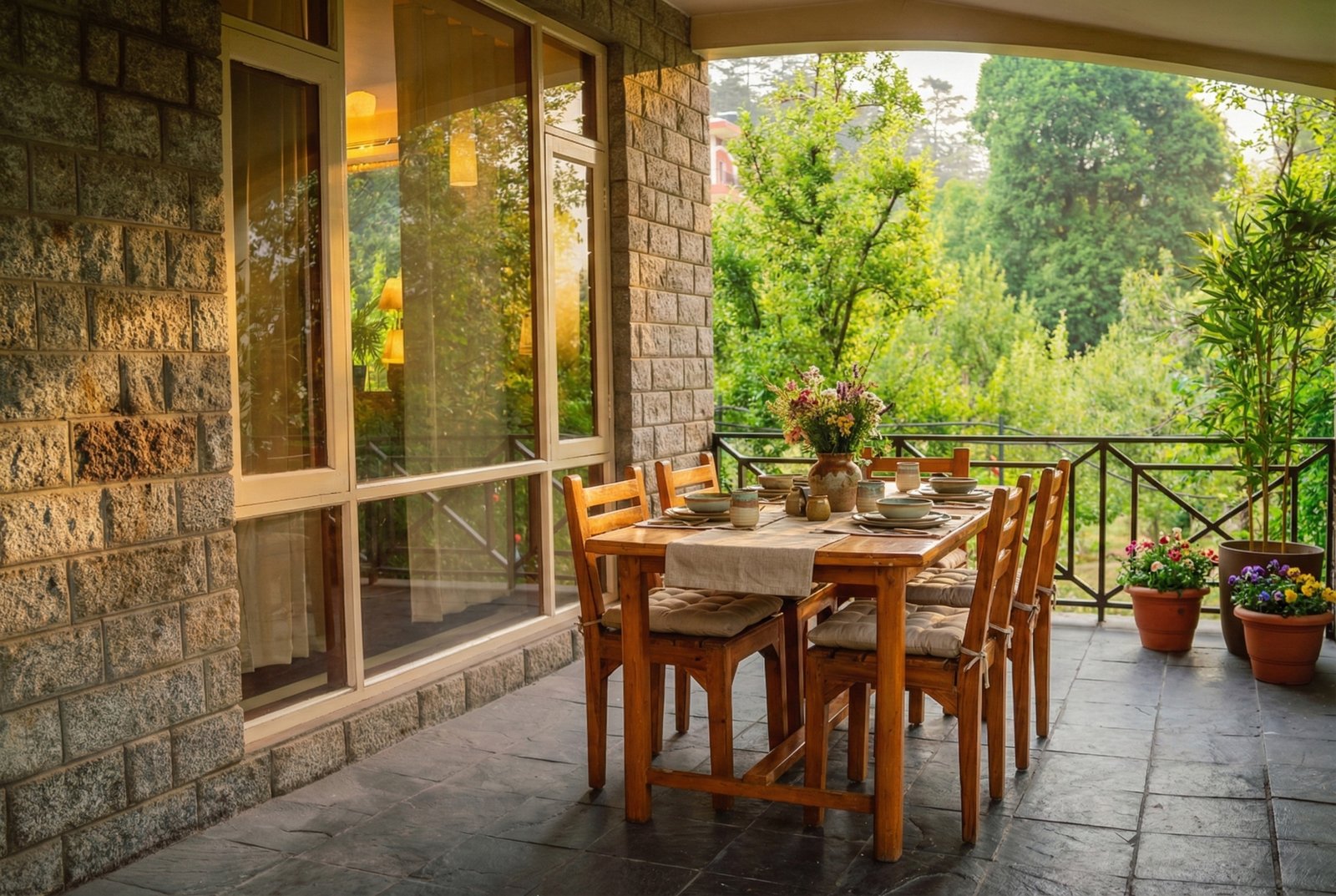 Private balcony with wooden railing overlooking the lush green Kullu valley and cedar forest at Forestbound Cottage