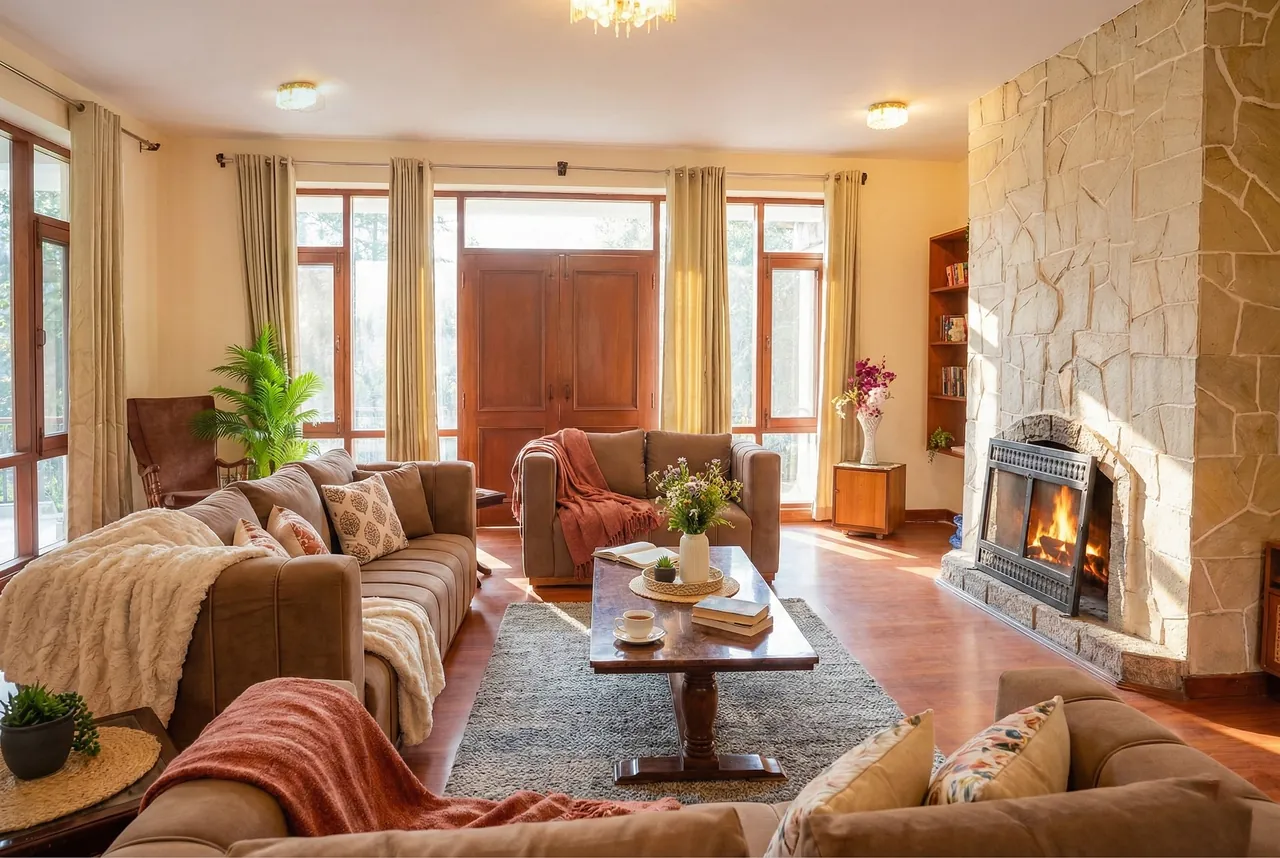 Bright and airy living room with natural sunlight, comfortable seating, and traditional Himalayan wood accents at Forestbound villa Manali