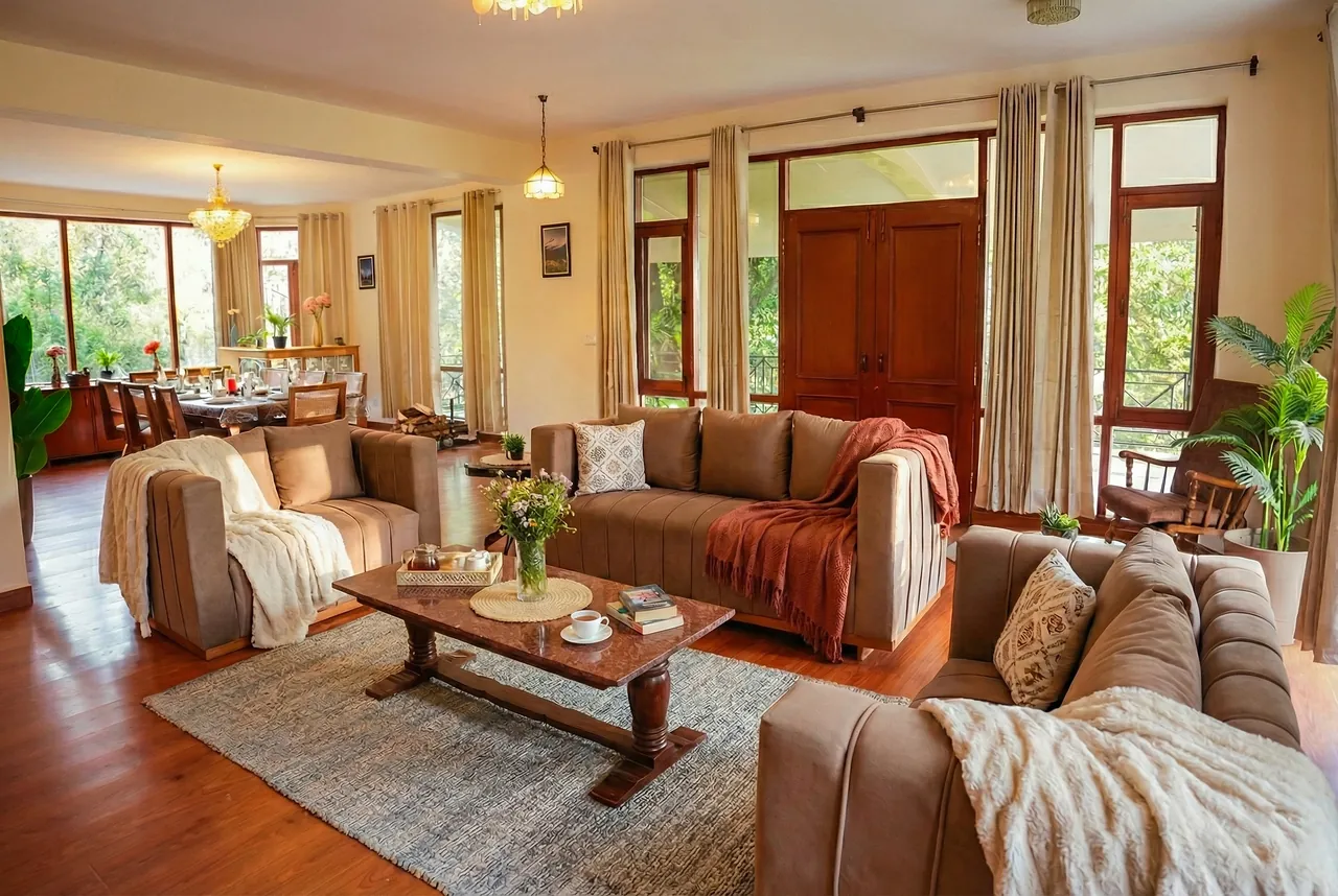 Living room with fireplace at The Forestbound Cottage, Manali